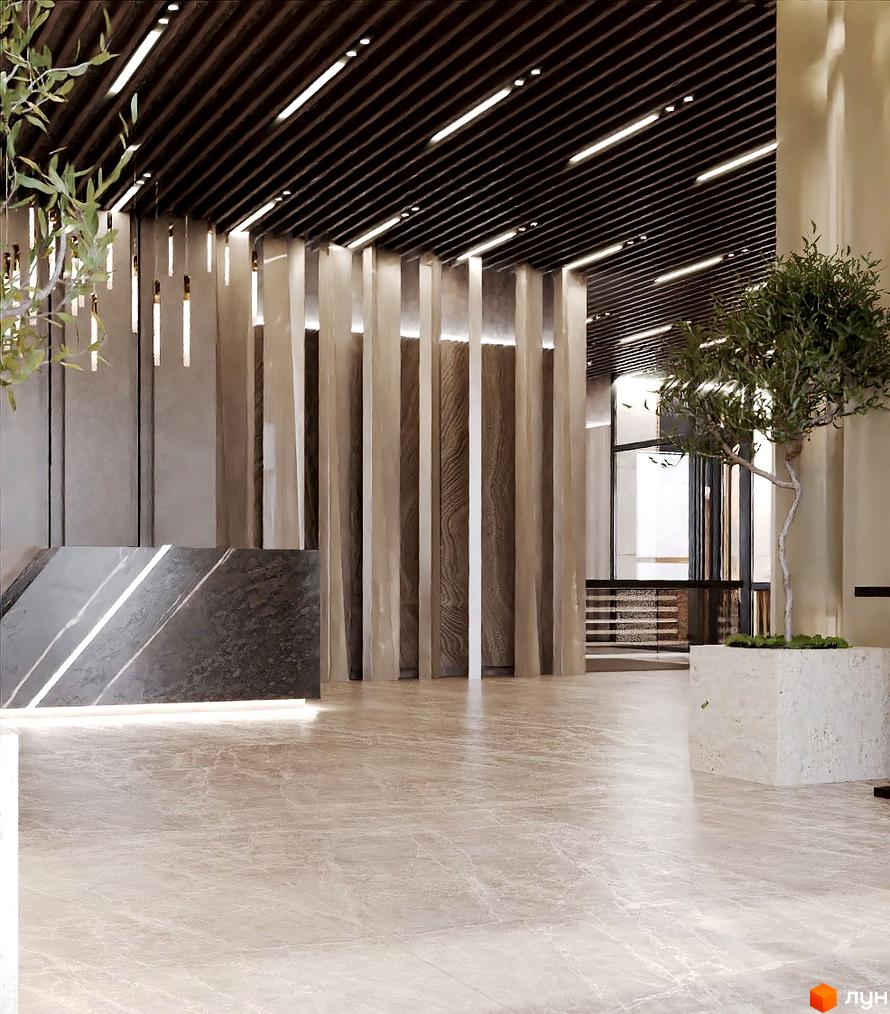 Інтер'єр холу в Житловому комплексі Dynastia BC з мармуровою підлогою та стійкою рецепції. Уздовж стін розташовані декоративні колони.