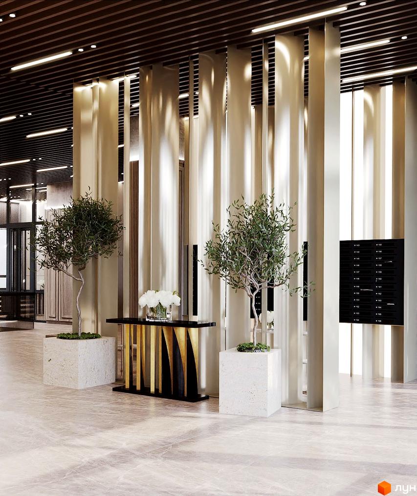 Інтер'єр лобі Житлового комплексу Dynastia BC з деревами у вазонах та поштовими скриньками. Просторий хол з колонами та освітленням.