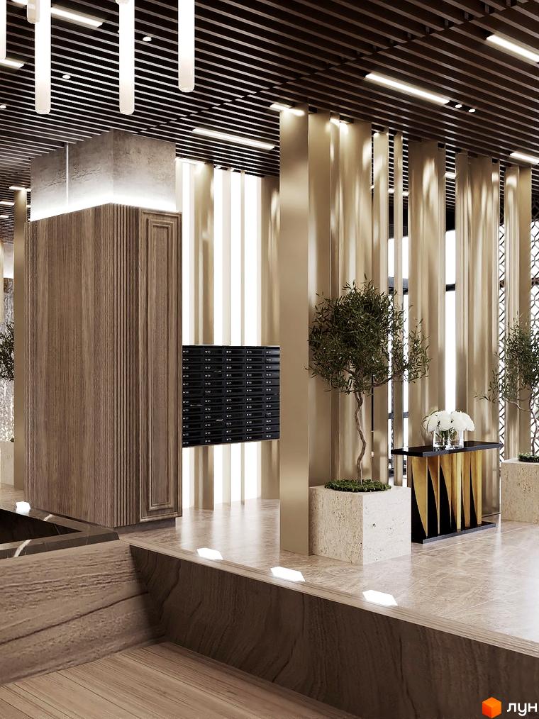 Інтер'єр холу в Будівельному проєкті Dynastia BC: дерев'яні панелі на стінах, поштові скриньки, рослини у вазонах та елементи декору.