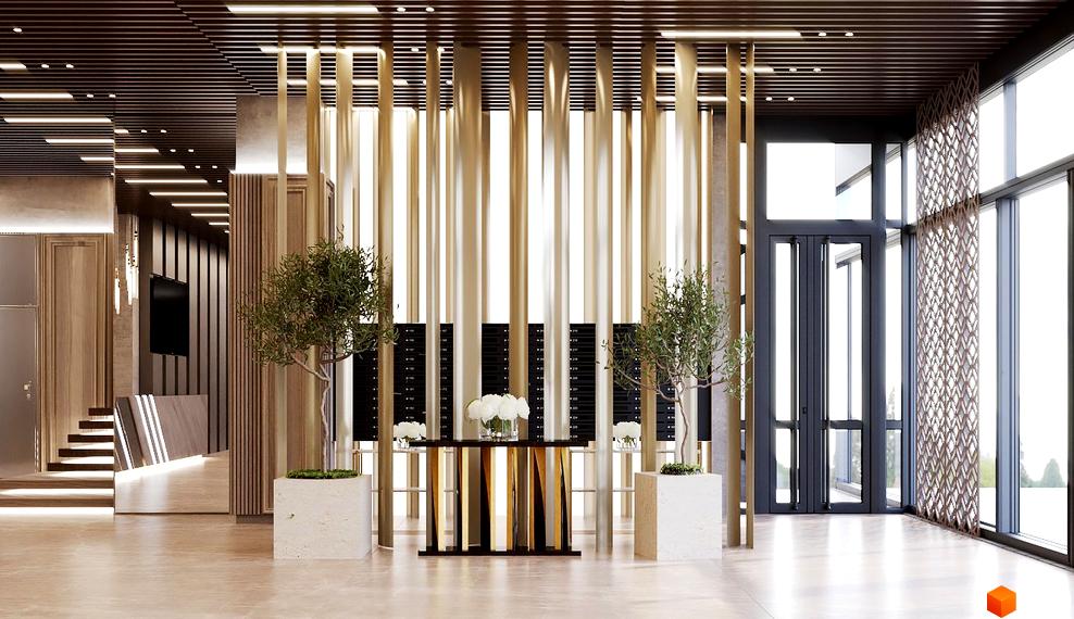 Інтер'єр лобі Житлового комплексу Dynastia BC з поштовими скриньками, столом та рослинами у вазонах. Вигляд вхідної групи з великими вікнами.