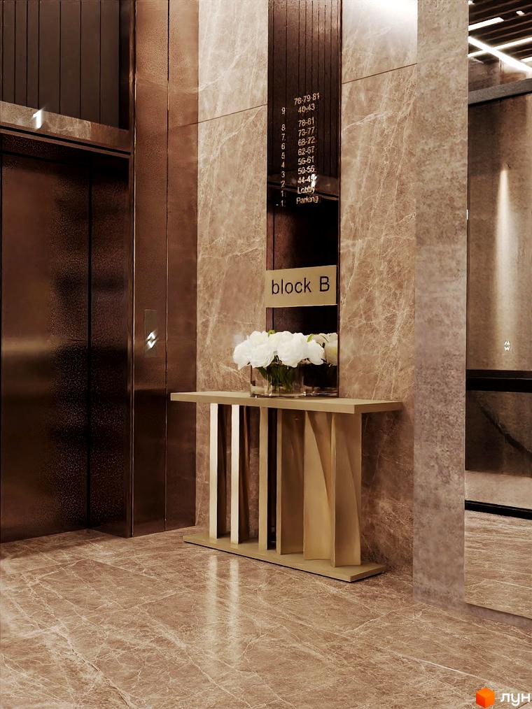 Інтер'єр холу Житлового комплексу Dynastia BC з ліфтами та покажчиком поверхів. На передньому плані столик з квітами.