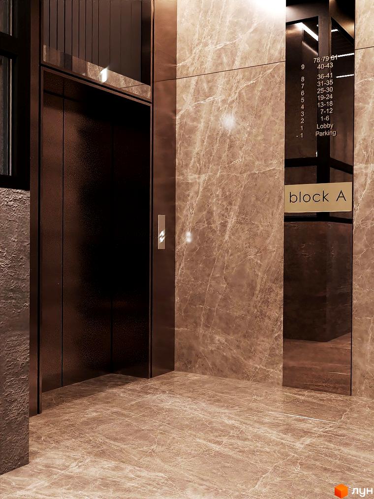 Інтер'єр холу в Житловому комплексі Dynastia BC з ліфтом та вказівником поверхів. Оздоблення стін та підлоги виконано з мармуру.