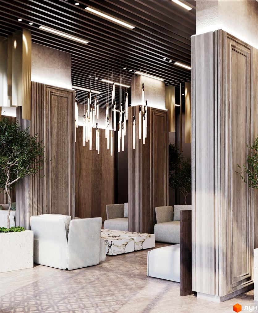 Інтер'єр Житлового комплексу Dynastia BC з м'якими меблями та декоративним освітленням. У приміщенні багато зелені та дерев'яних елементів.