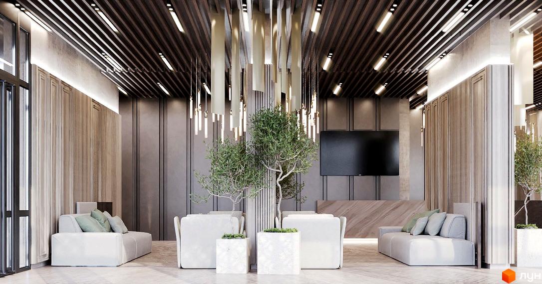 Інтер'єр лобі Житлового комплексу Dynastia BC з диванами, рослинами у вазонах та освітленням. Зображення зони відпочинку.