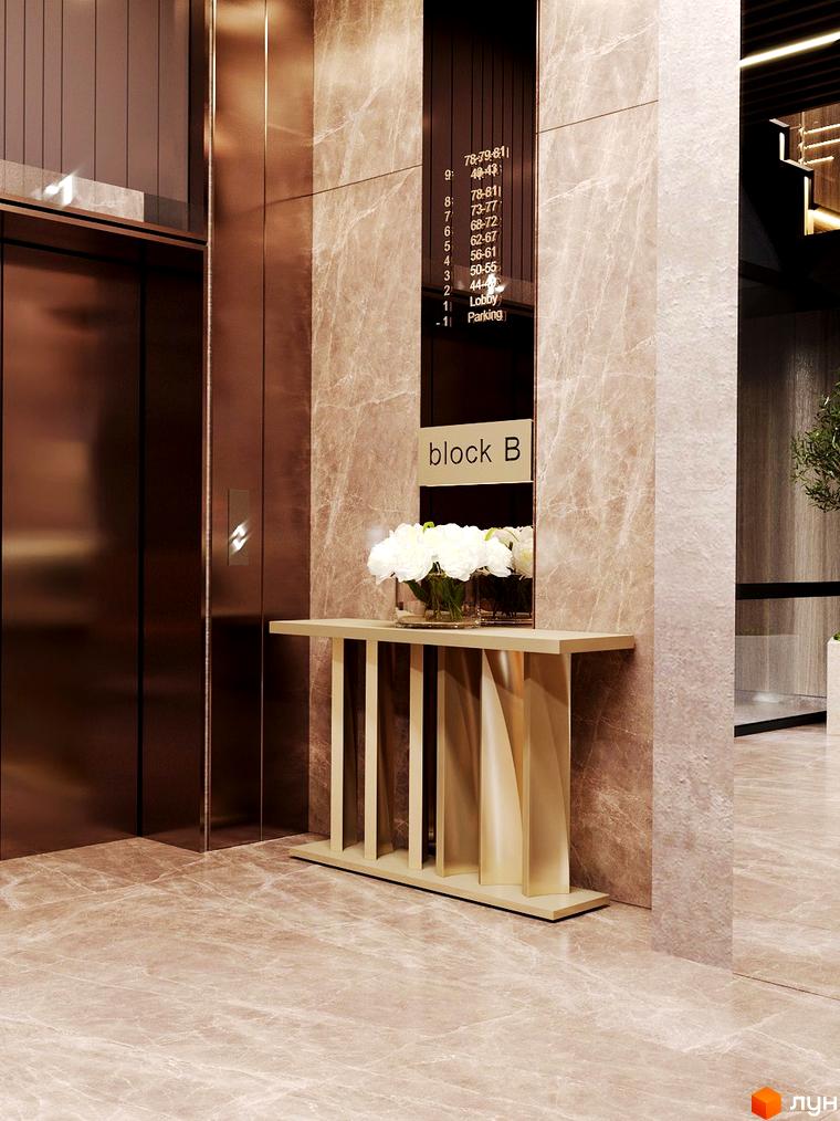 Інтер'єр холу в Житловому комплексі Dynastia BC з ліфтом та табличкою поверхів. На столику стоять білі квіти.
