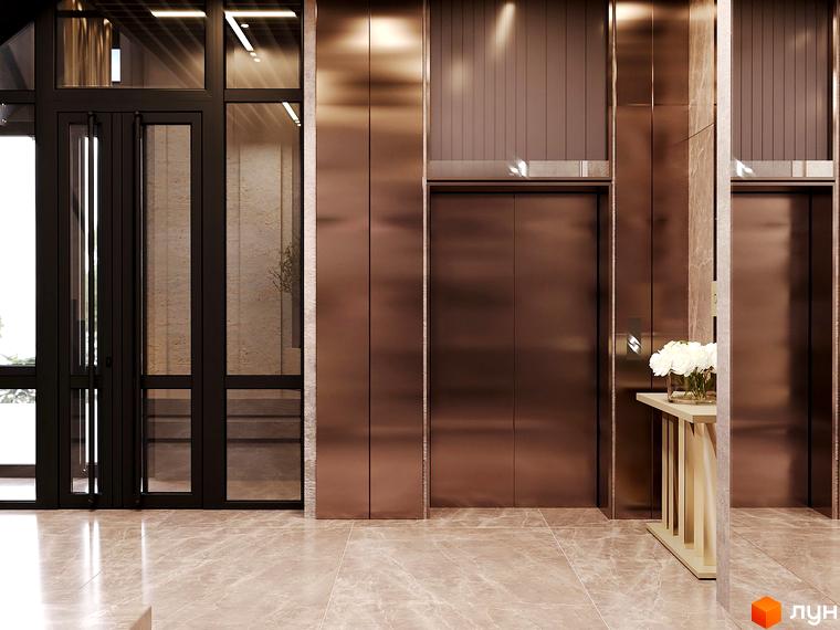 Інтер'єр холу з ліфтами у Будівельному проєкті Dynastia BC. Вигляд на вхідні двері та оздоблення з натуральних матеріалів.