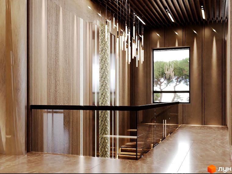 Інтер'єр Житлового комплексу Dynastia BC: сходи з чорними поручнями та скляними панелями, освітлення та вікно з краєвидом.