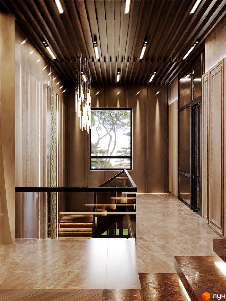 Інтер'єр холу з видом на сходи та вікно в Житловому комплексі Dynastia BC. Вигляд на внутрішнє оздоблення будинку.