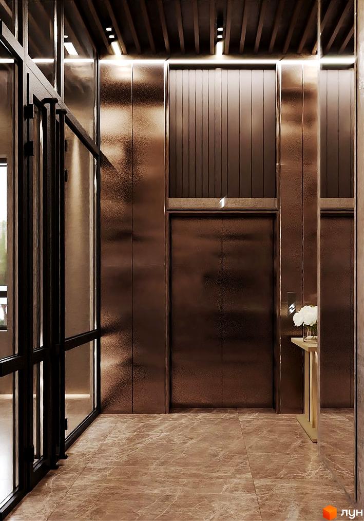 Інтер'єр холу з ліфтами у Будівельному проєкті Dynastia BC. Вигляд внутрішнього оздоблення та ліфтових дверей.