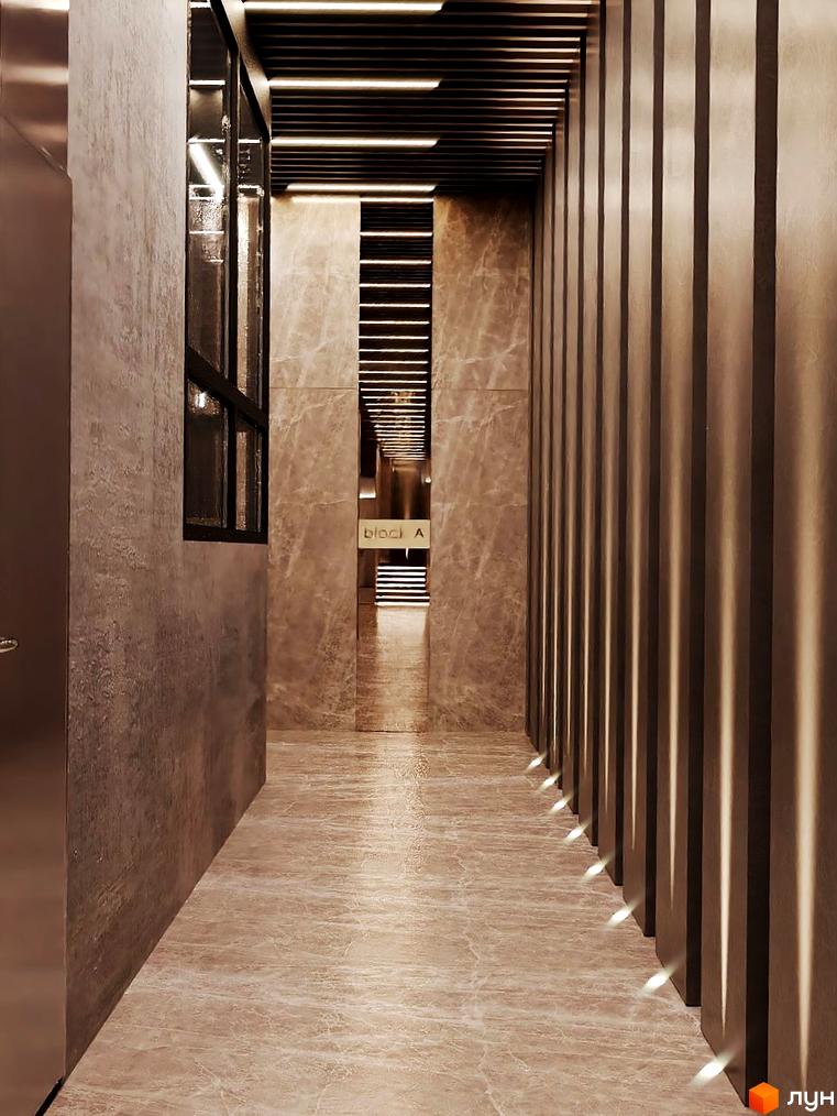 Інтер'єр Житлового комплексу Dynastia BC, з коридором, освітленим ліхтарями на стелі. Стіни оздоблені декоративними панелями.