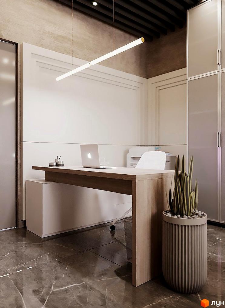 Інтер'єр офісу з робочим столом, комп'ютером та рослиною у горщику. Житловий комплекс Dynastia BC з меблями та освітленням.