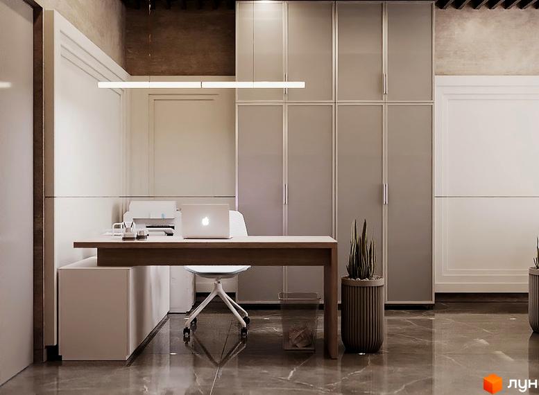 Інтер'єр офісу у Житловому комплексі Dynastia BC: робочий стіл з ноутбуком, шафа та кімнатна рослина у горщику.