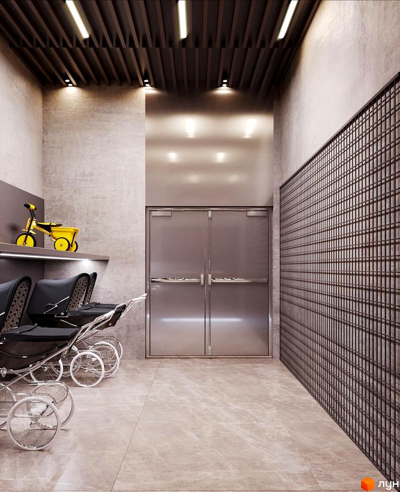 Інтер'єр ЖК Dynastia BC: просторий коридор з дверима, оздоблений сірими стінами та підлогою, з дитячим транспортом та декоративними елементами.