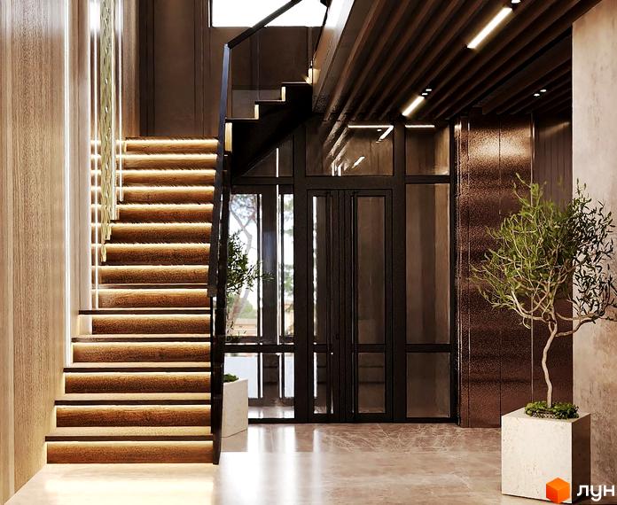 Інтер'єр холу в ЖК Dynastia BC з сходами з підсвіткою, скляними дверима та рослинами в горщиках.