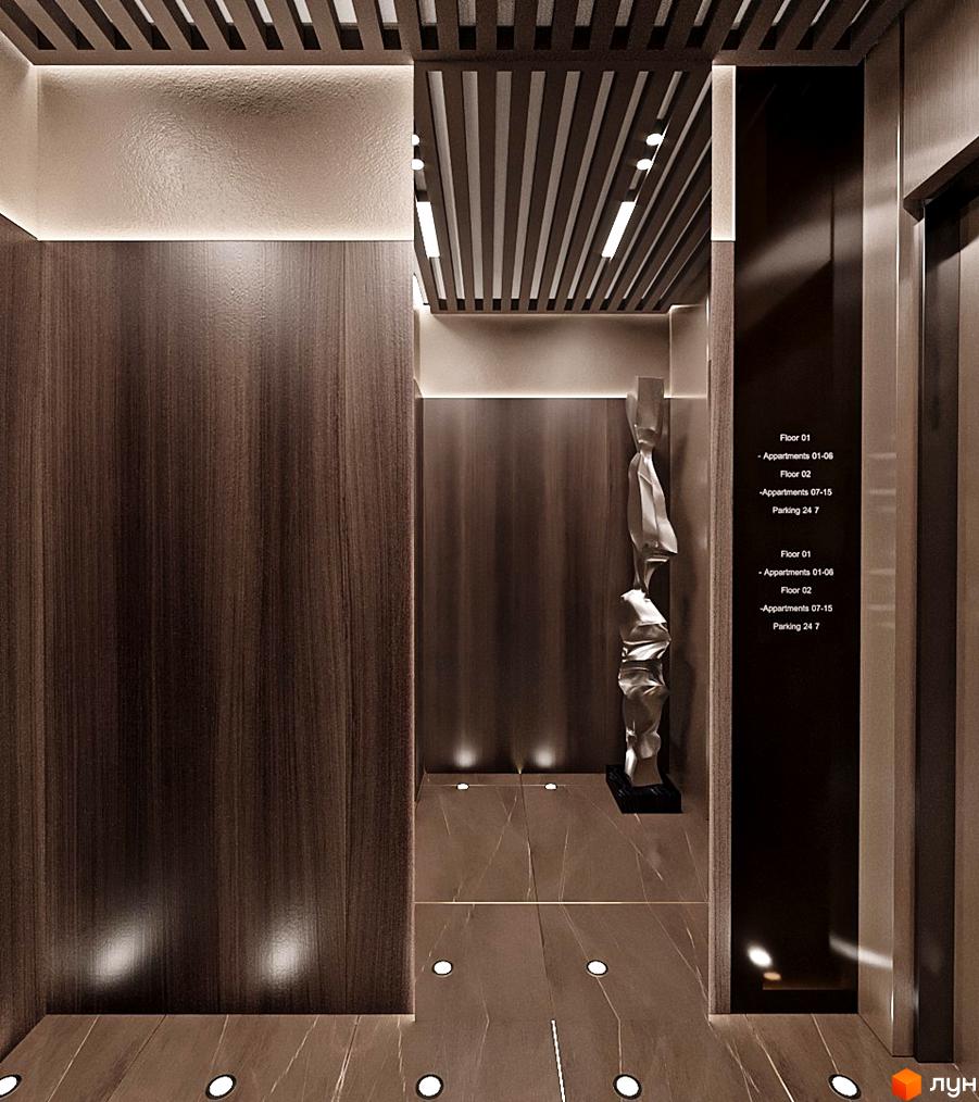 Холл ЖК Dynastia BC з оздобленням з дерева та каменю, підсвічуванням та скульптурою. На стіні інформація про поверхи та квартири.