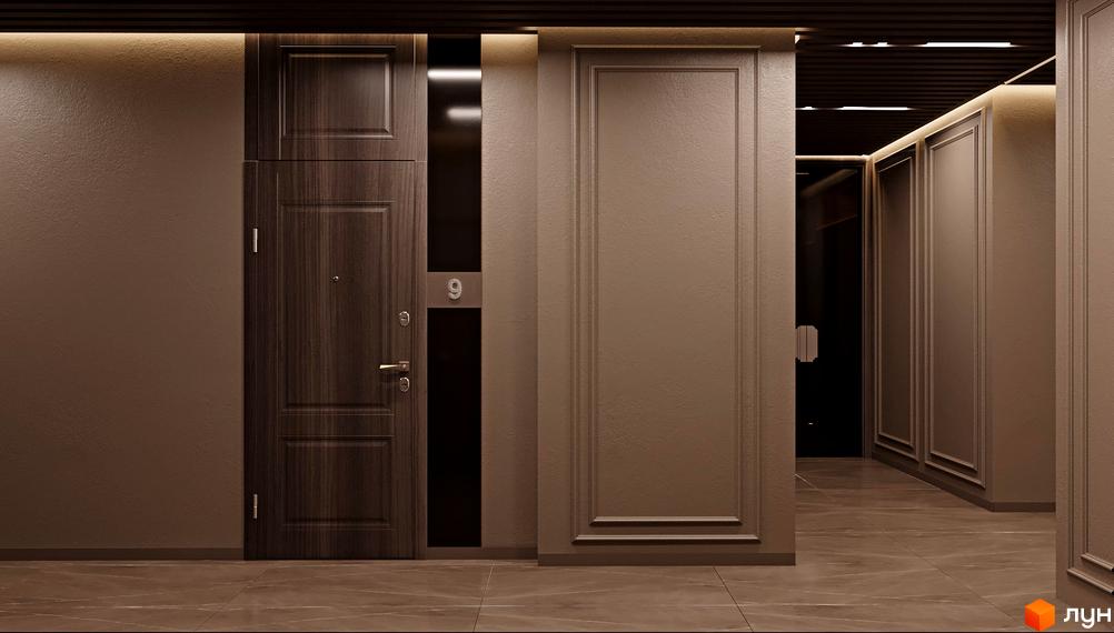 Коридор в ЖК Dynastia BC з темними дверима та оздобленням стін. На стіні табличка з номером квартири 9.