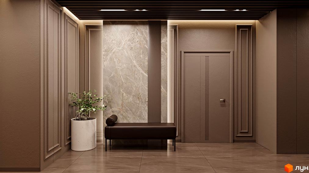 Холл в новобудові ЖК Dynastia BC з мармуровою стіною, лавою та рослиною в горщику. Двері з темного дерева, підлога з плиткою.