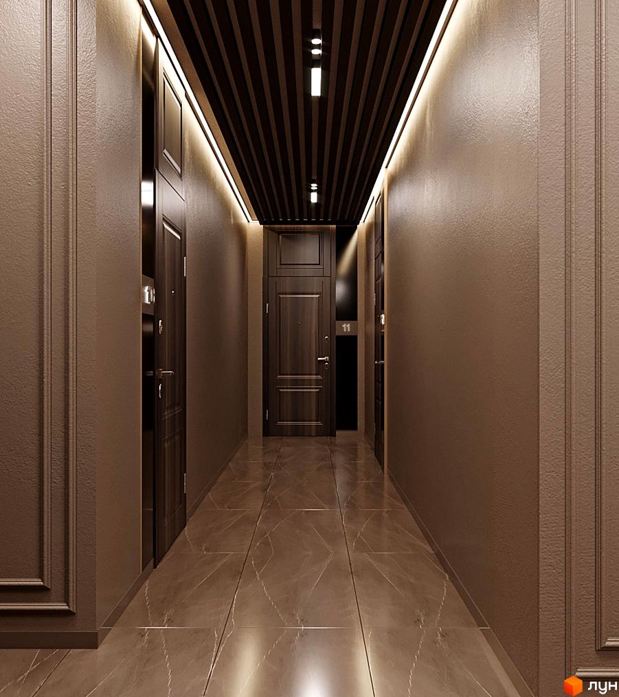 Коридор в житловому комплексі Dynastia BC з темними дверима, стелею з дерев'яними панелями та світлодіодним освітленням. Підлога викладена плиткою з мармуровим ефектом.