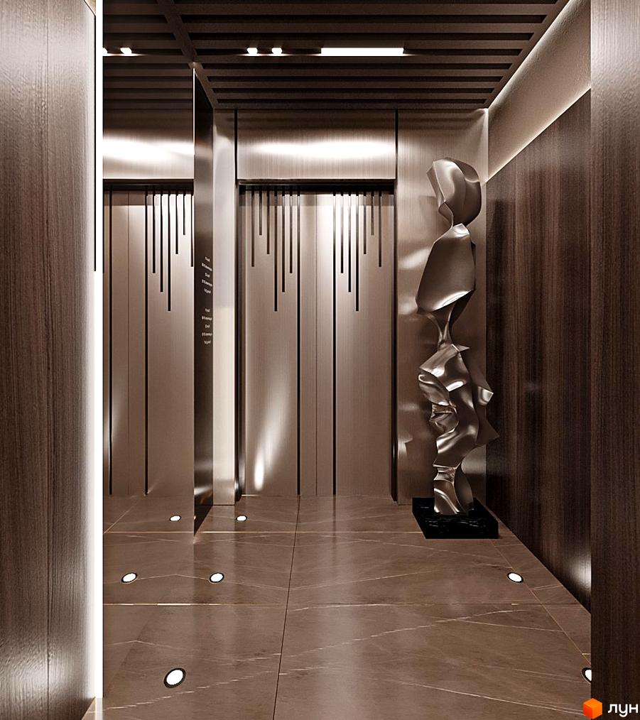 Холл житлового комплексу Dynastia BC з ліфтами, оздоблений деревом та скульптурою. Мармурова підлога з точковим освітленням створює атмосферу розкоші.