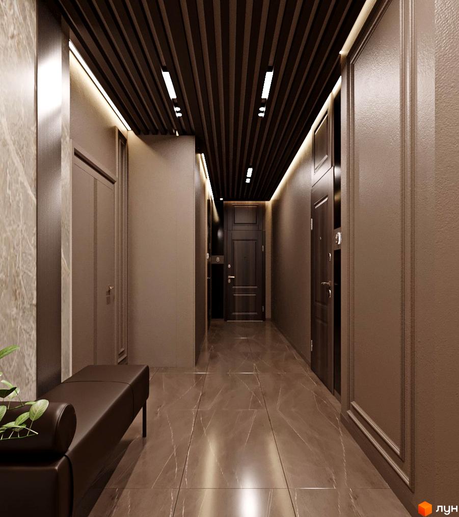 Коридор в ЖК Dynastia BC з темними дверима, підлогою з мармуровою плиткою та декоративною стелею з підсвіткою. В коридорі стоїть шкіряна лава.