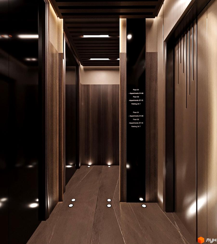 Коридор в ЖК Dynastia BC з оздобленням з дерева та точковим освітленням. На стіні інформація про поверхи та квартири.