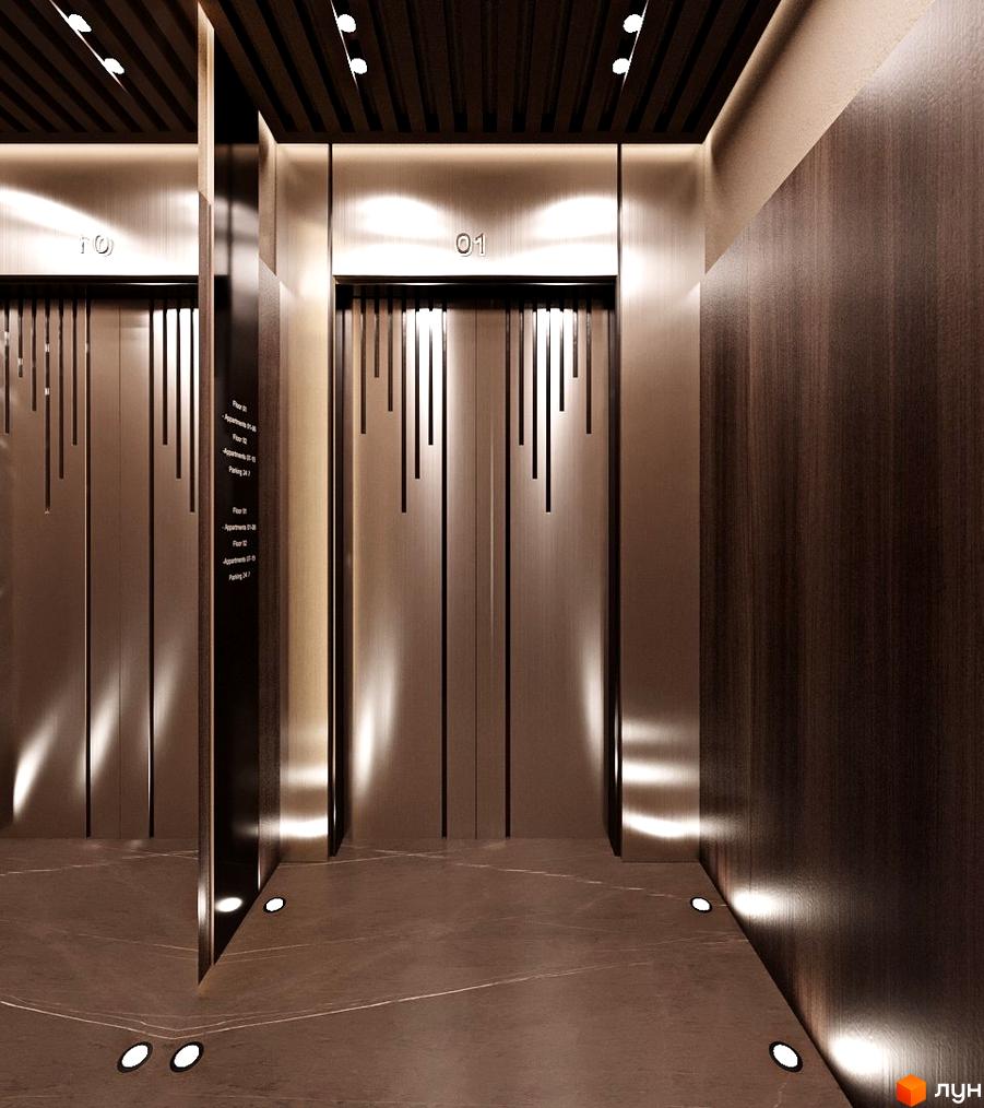 Інтер'єр холу в ЖК Dynastia BC з ліфтами, оздобленими металевими панелями та декоративними лініями. На підлозі плитка, вбудоване освітлення.