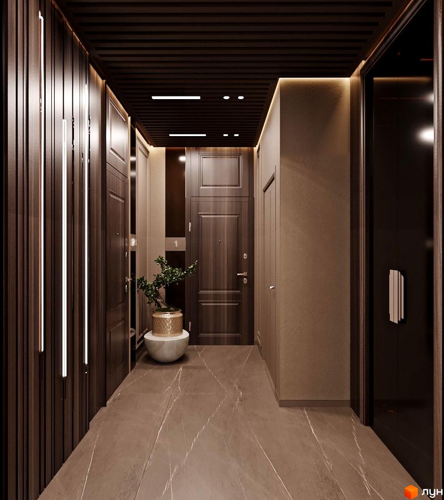 Коридор в ЖК Dynastia BC з темними дерев'яними панелями, вбудованим освітленням та рослиною в горщику. Світла підлога з мармуровим ефектом.