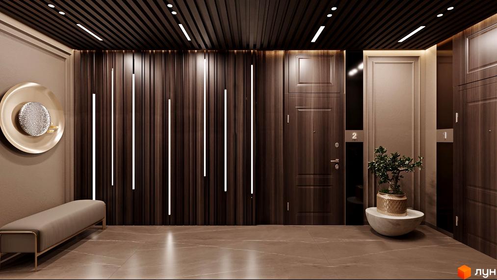 Інтер'єр холу в ЖК Dynastia BC. Дерев'яні панелі, світлодіодне підсвічування, декоративні елементи та двері з номерами квартир.