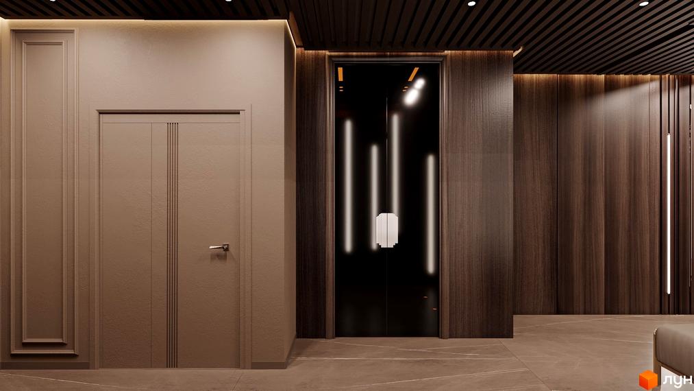 Інтер'єр холу в ЖК Dynastia BC з дверима, ліфтом та оздобленням стін деревом. Світлові акценти та підлога з мармуровим візерунком створюють атмосферу розкоші.