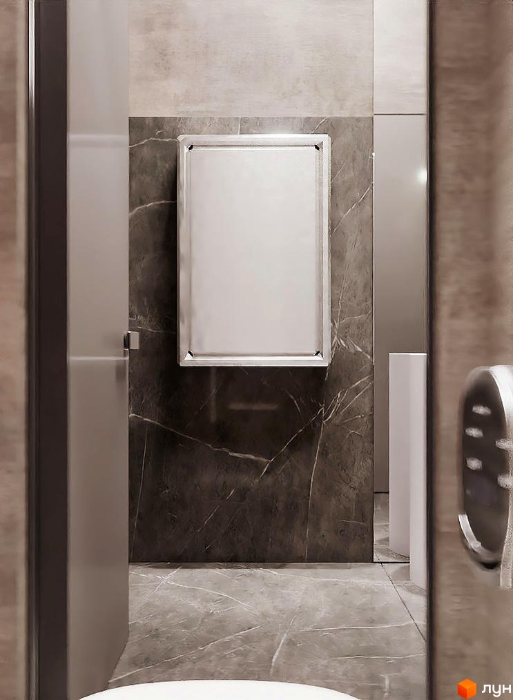 Інтер'єр ванної кімнати в ЖК Dynastia BC. Сіра плитка, дзеркало над умивальником, двері з нержавіючої сталі. Вид з коридору.