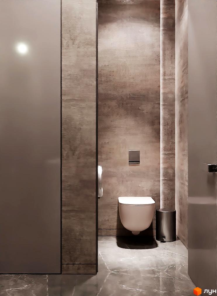 Інтер'єр вбиральні в ЖК Dynastia BC. Стіни оздоблені декоративною штукатуркою, підлога з мармуру. Сантехніка в тон стін.