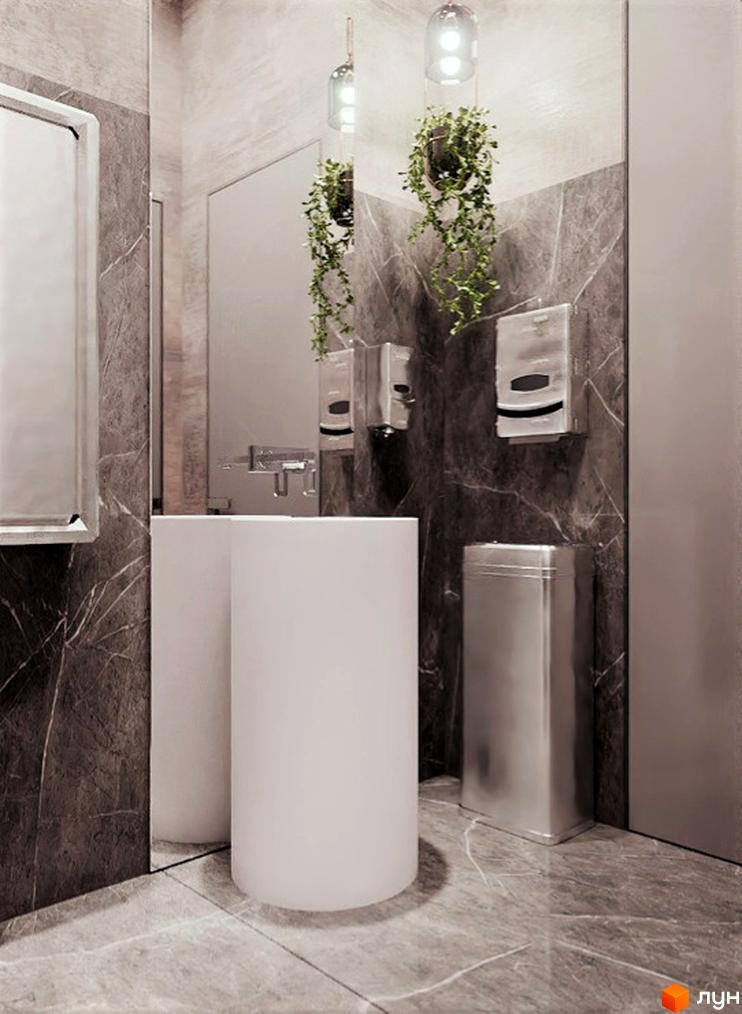 Інтер'єр ванної кімнати в ЖК Dynastia BC з білими раковинами, дзеркалом та рослинами, що підвішені до стелі.