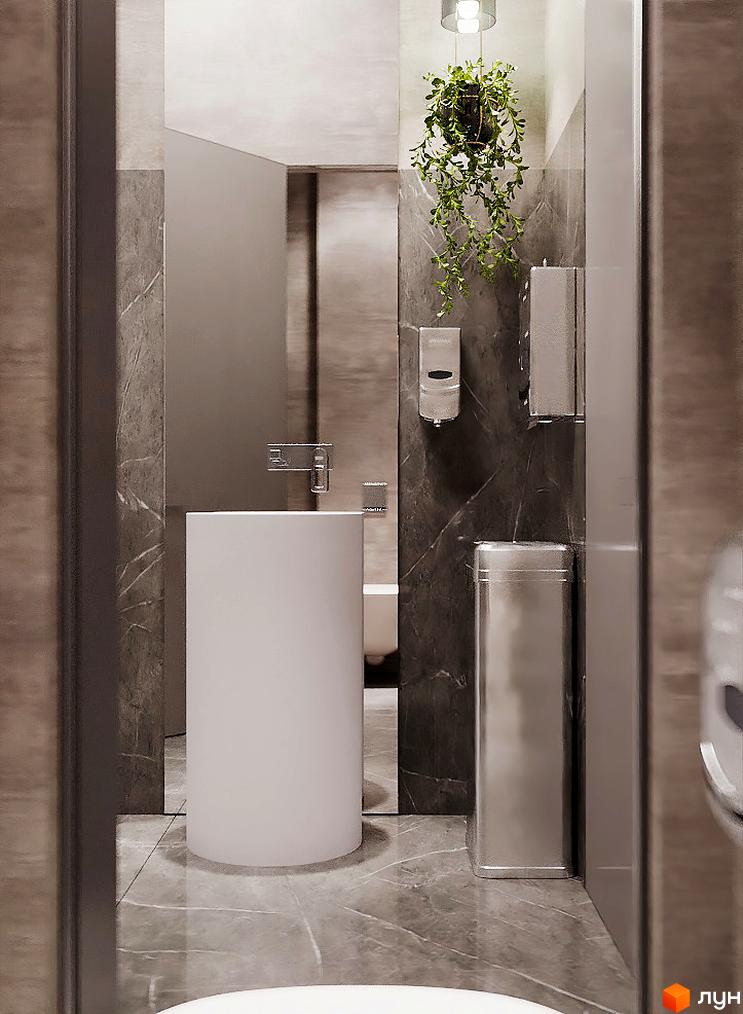 Інтер'єр санвузла в ЖК Dynastia BC з білою раковиною, сірою плиткою та підвісною рослиною. Витончений дизайн для комфортного життя.