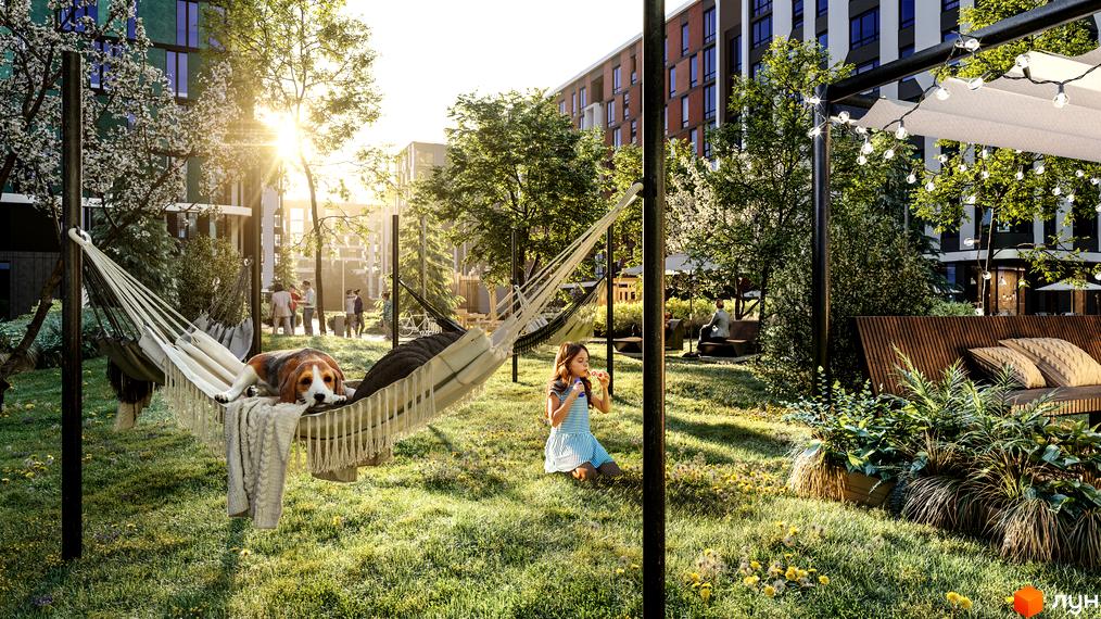 Житловий комплекс Respublika з багатоповерховими будинками та зеленим двором. На території розташовані гамаки, дерева, діти грають, собака відпочиває.