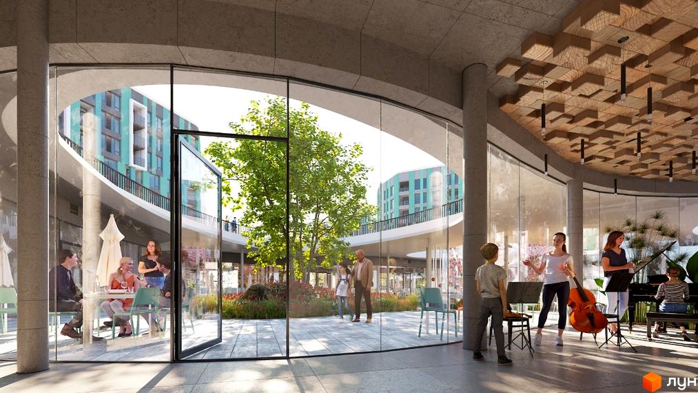 Житловий комплекс Respublika: вигнуті багатоповерхові будинки з бірюзовими фасадами навколо внутрішнього двору з деревом та зонами відпочинку.