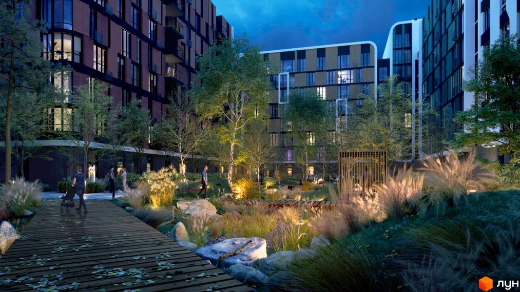 Житловий комплекс Respublika: багатоповерхові будинки з темними фасадами. Ландшафтний двір з деревами, освітленням та дерев'яними доріжками.