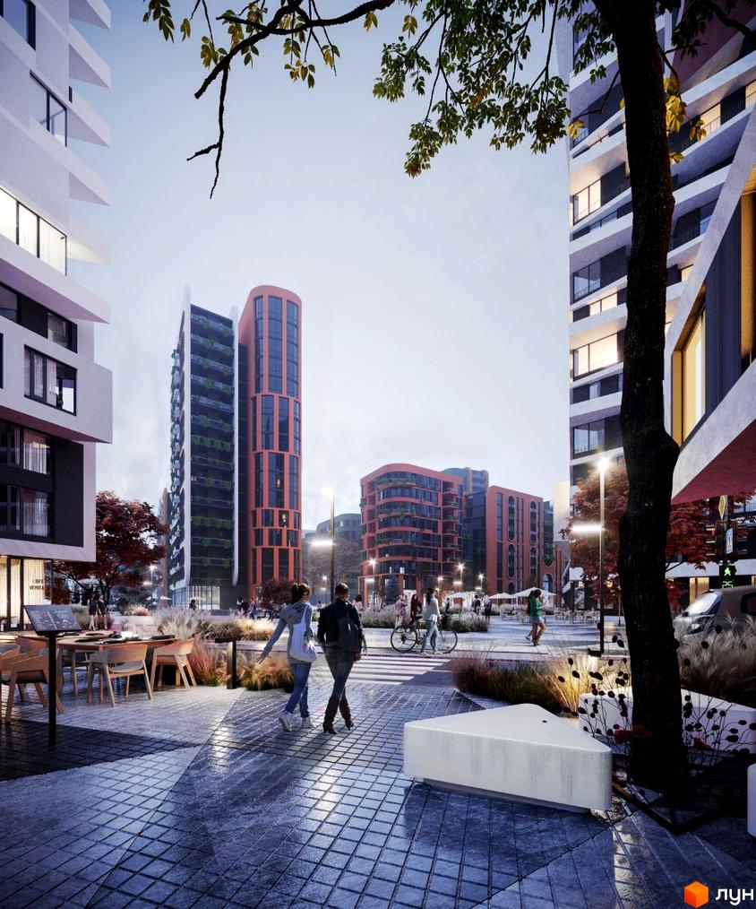 Житловий комплекс Respublika з будинками з червоно-помаранчевими та темними фасадами, та облаштованою прибудинковою територією з пішохідною зоною, деревами та вуличним освітленням.