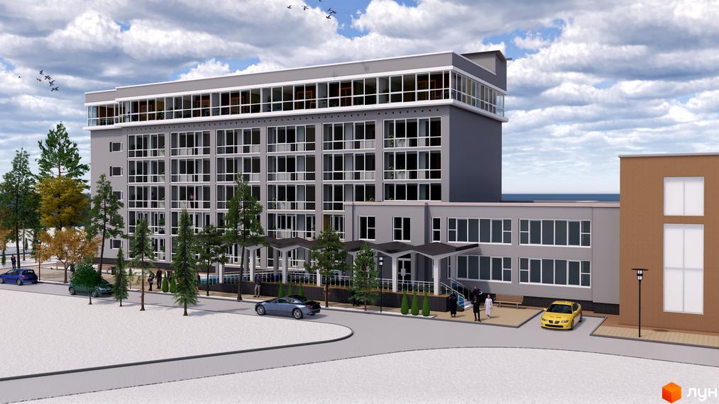 Зовнішній вигляд житлового комплексу Русь з сірими фасадами та великою кількістю вікон. На прибудинковій території розташовані дерева, автомобілі та люди.
