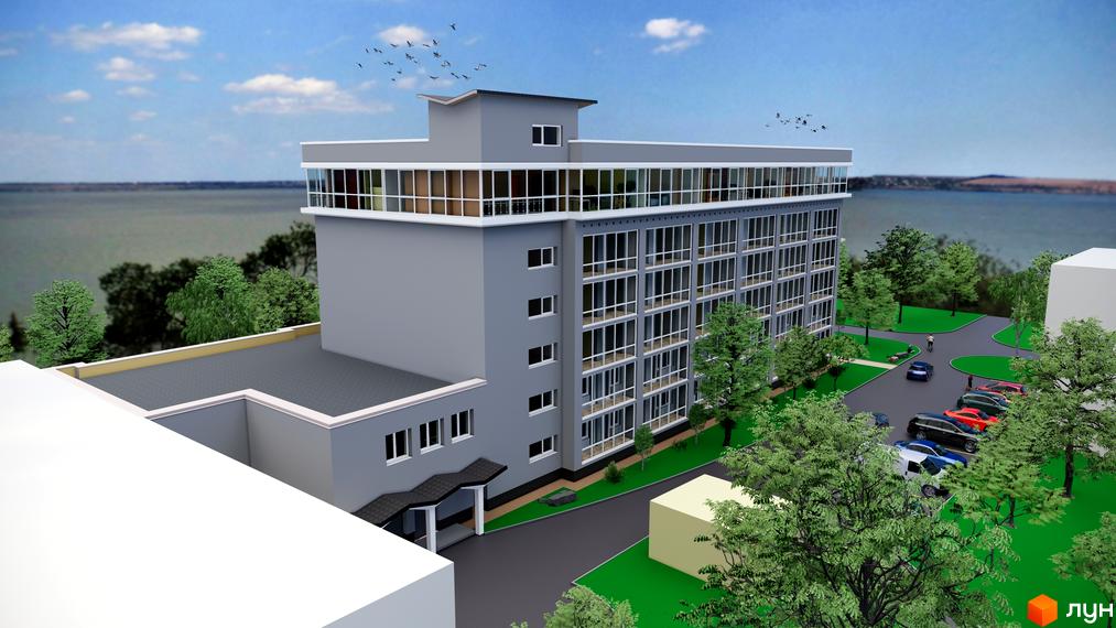 Зовнішній вигляд житлового комплексу ЖК Русь з великою кількістю вікон та прибудинковою територією з парковкою та деревами.