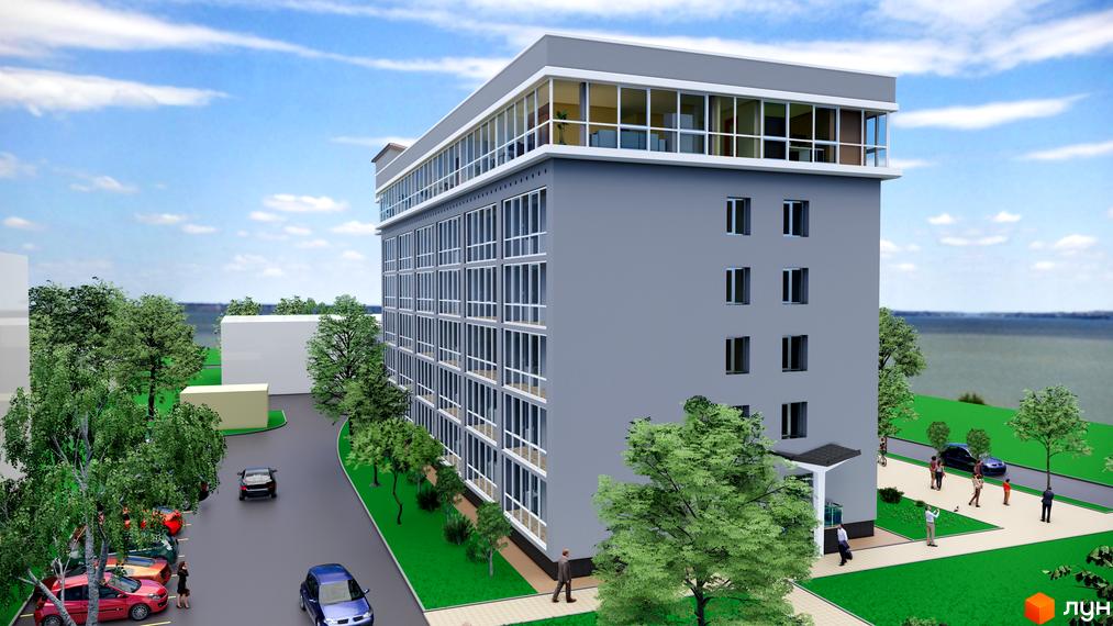 Зовнішній вигляд житлового комплексу Русь з сірими фасадами та великою кількістю вікон. На прибудинковій території розташовані дерева та припарковані автомобілі.