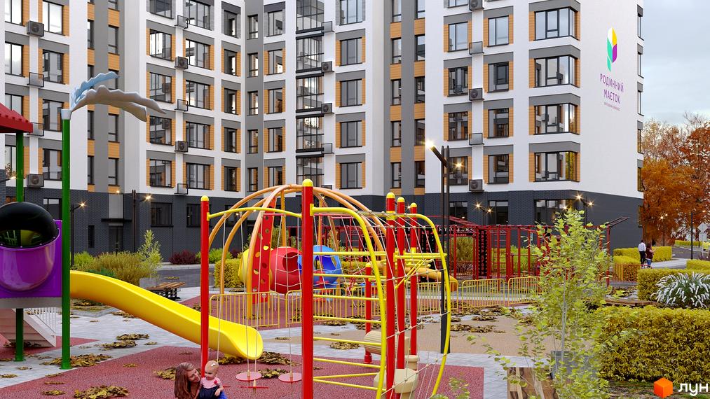 Житловий комплекс Родинний маєток. Сучасний житловий будинок з дитячим майданчиком та зонами відпочинку.