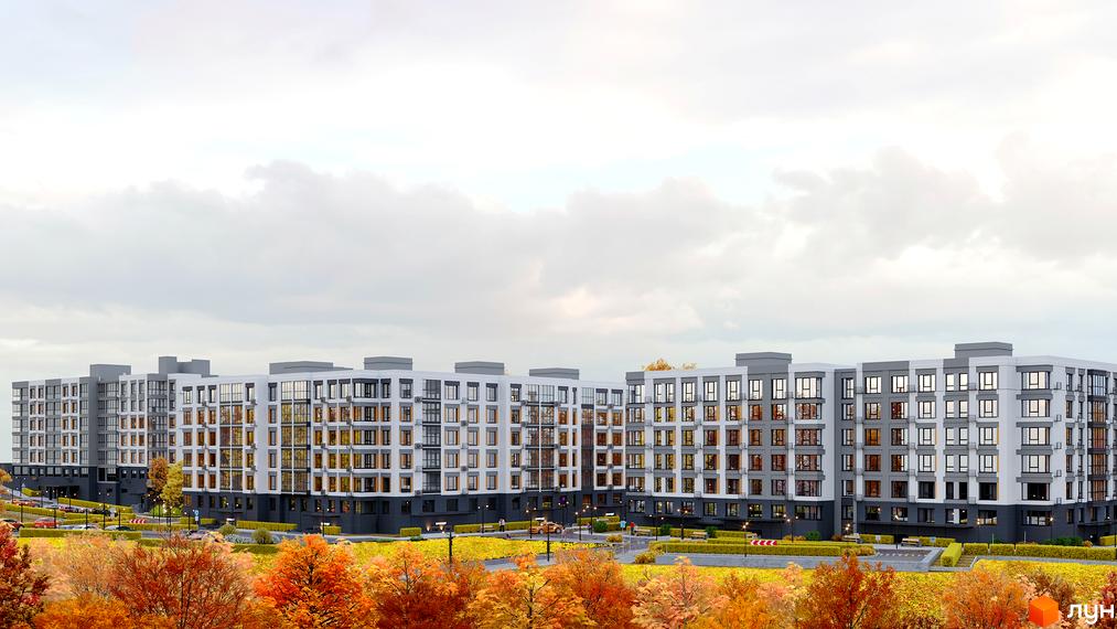 Житловий комплекс Родинний маєток - це сучасна новобудова з великою кількістю вікон та балконів, розташована серед осінніх дерев та доглянутої прибудинкової території.