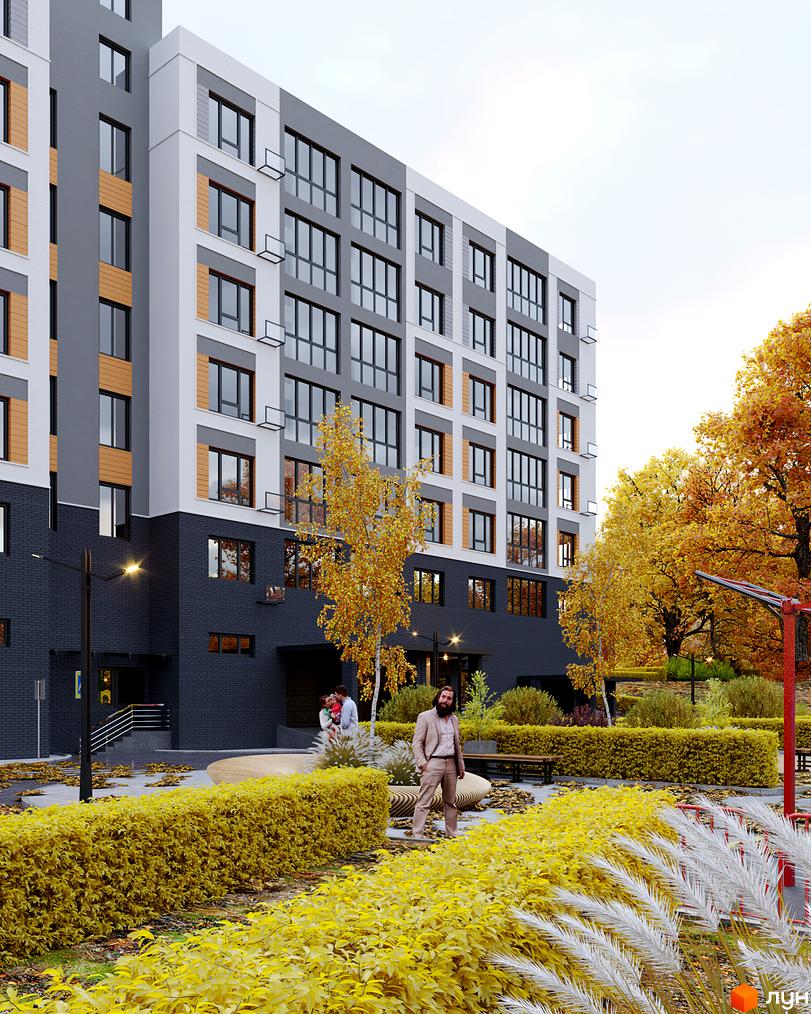 Житловий комплекс Родинний маєток з сірими та білими фасадами, дерев'яними вставками та великими вікнами. Навколо будинку розташований доглянутий двір з кущами, деревами та місцями для відпочинку.