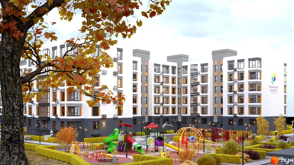 Житловий комплекс Родинний маєток з фасадами білого та сірого кольорів, великими вікнами та балконами. Прибудинкова територія з дитячим майданчиком та зеленими насадженнями.