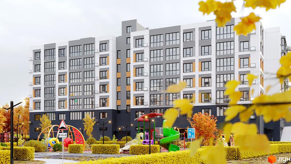 Новобудова ЖК Родинний маєток з сірими та білими фасадами, великими вікнами та дитячим майданчиком з яскравими елементами.