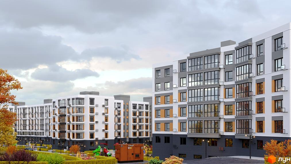 Зовнішній вигляд новобудови ЖК Родинний маєток з великими вікнами та сірими фасадами. Поруч розташований дитячий майданчик та зелені насадження.