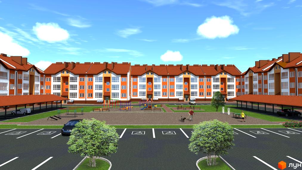 Зовнішній вигляд житлового комплексу на вул. Проектована-Тролейбусна, 7, 7а, з дитячим майданчиком та парковкою. Комплекс має помаранчеві фасади та коричневий дах.