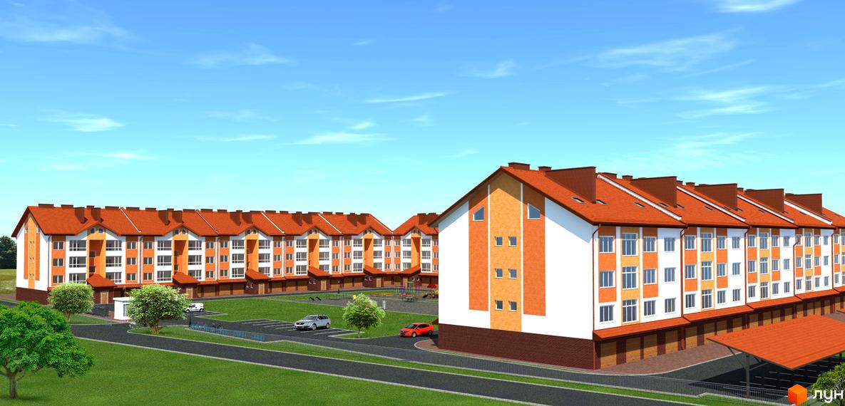 Зовнішній вигляд житлового комплексу на вул. Проектована-Тролейбусна, 7, 7а, з багатоповерховими будинками та прибудинковою територією з парковкою та дитячим майданчиком.