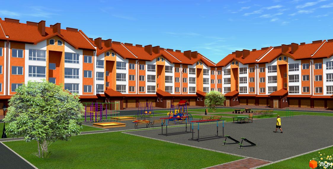 Зовнішній вигляд житлового комплексу на вул. Проектована-Тролейбусна, 7, 7а, з дитячим майданчиком та спортивною зоною. Оранжево-білі фасади з червоним дахом.