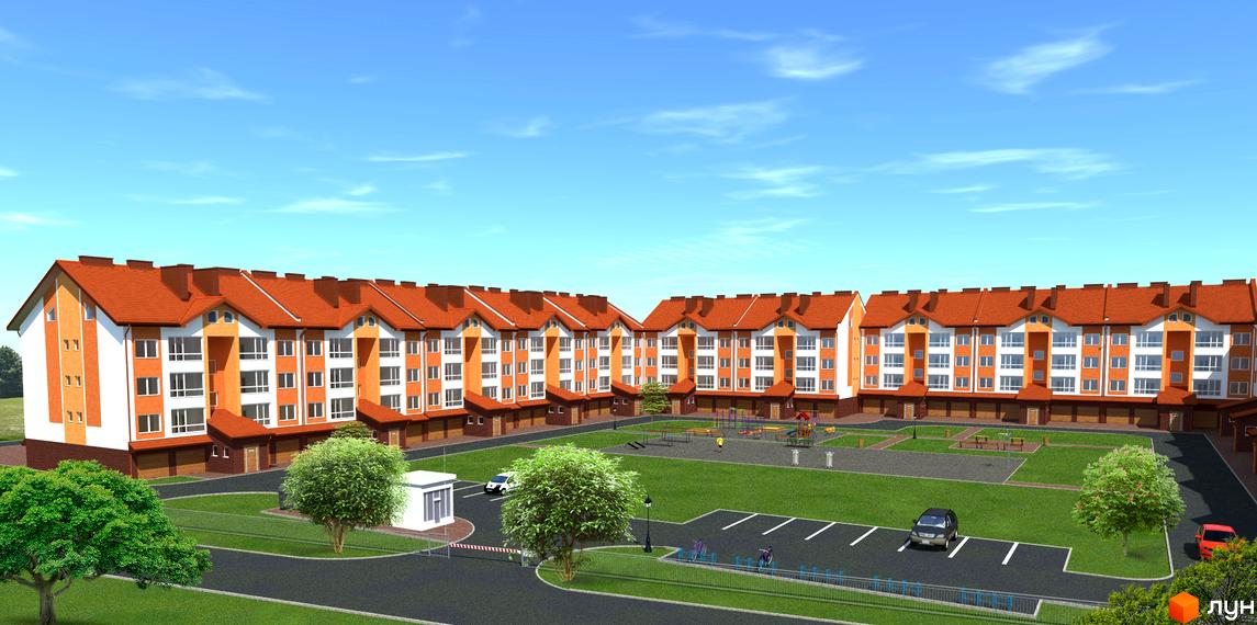 Зовнішній вигляд житлового комплексу на вул. Проектована-Тролейбусна, 7, 7а з оранжевими дахами та біло-оранжевими фасадами. Прибудинкова територія включає зелену зону, паркінг та дитячий майданчик.